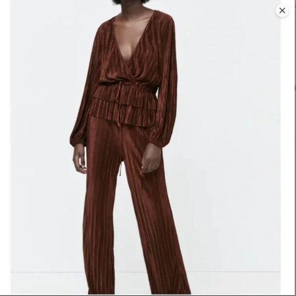 Zara | Brown Pleated Palazzo Pants |‎ Size Small Women's - Picture 11 of 12
